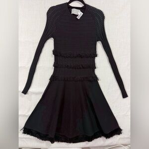 Jason Wu Black Long Sleeve Fringe Dress Luxury, Designer, texture knit